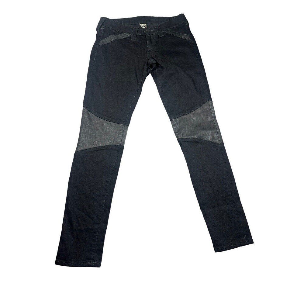 True Religion Women Black Moto Denim Cotton Blend‎ Jeans Leather USA Made Sz 26